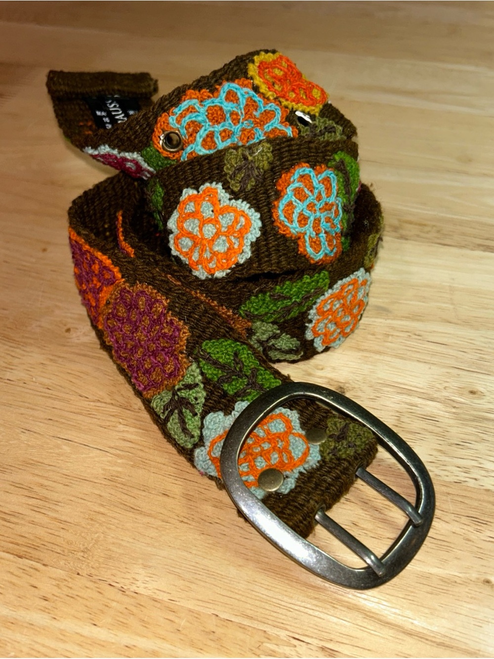 Jenny Krauss Autumn Colors Floral Embroidered Peru Handmade Wool Belt Medium EUC
